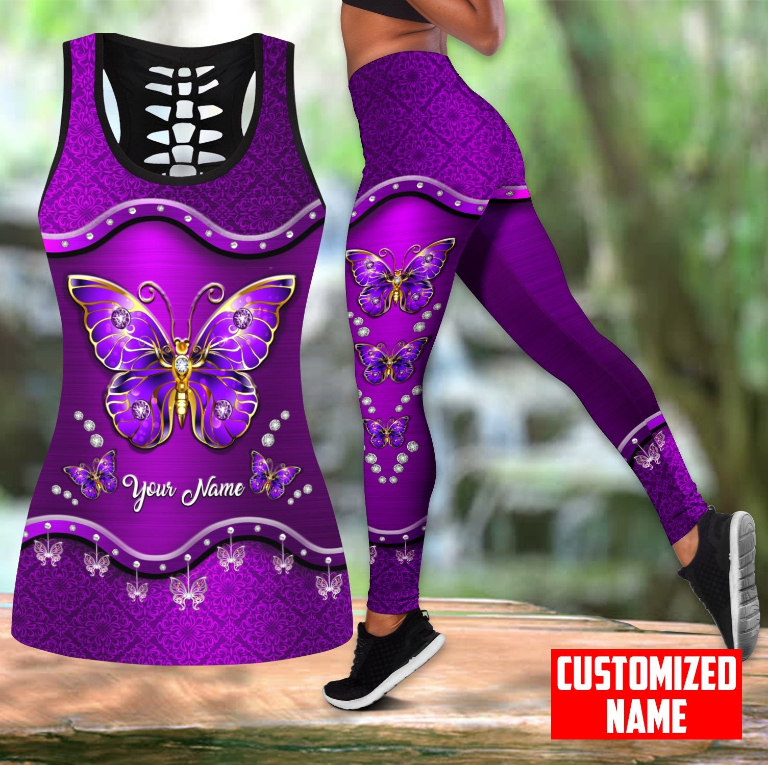 Yoga Fitness Name - Ensemble débardeur et Leggings creux imprimé